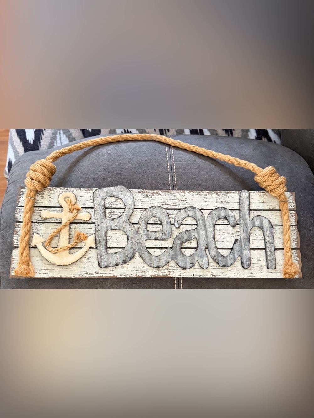 Rustic 'Beach' Wall Sign - Distressed White and Galvanized Metal